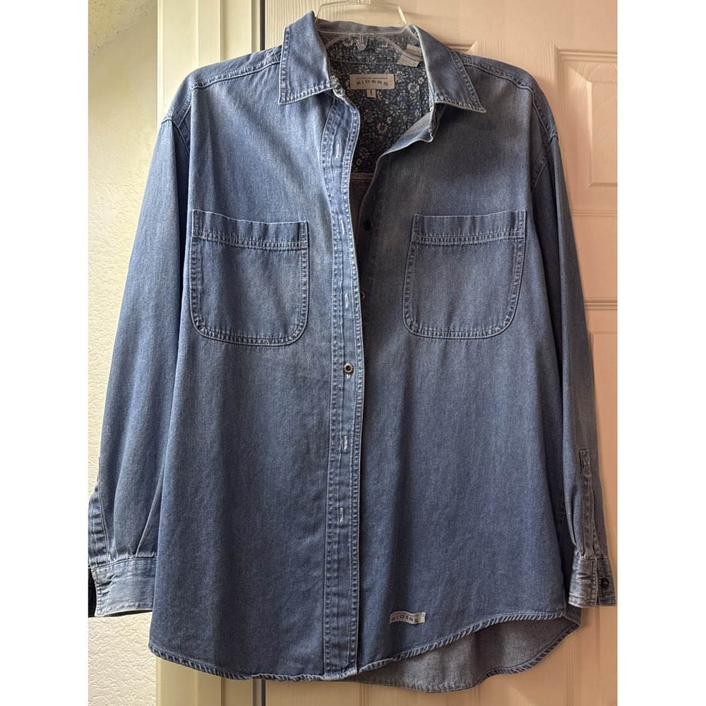 Riders Blue Denim Shirt Medium Wash Long Sleeve Button Up Women Medium